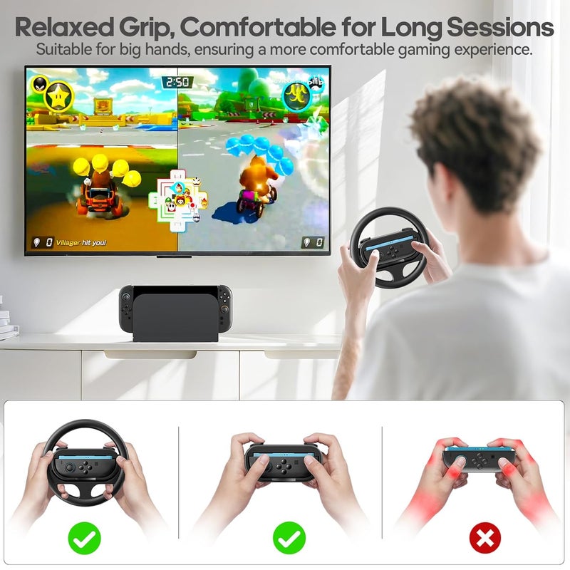 Rysker Steering Wheel & Grip for 2025 Nintendo Switch 2 JoyCon, Joy Con 2 Racing Wheel with Detachable Controller Grip for Mario Kart World 8 Deluxe, Switch Attachment Accessories Kit -2 Packs Black - Image 3